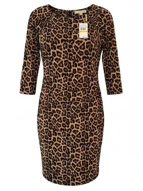 Michael Kors Leopard Ruched Midi Dress NWT Gold Zip Y2K Mob Wife
